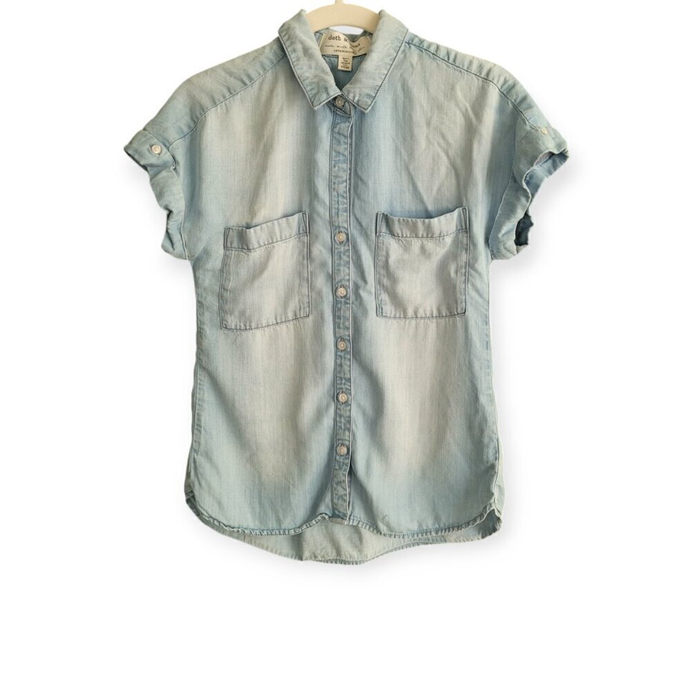 Anthropologie Cloth Stone Chambray Button Up Shirt Short Sleeve Washed Denim XXS